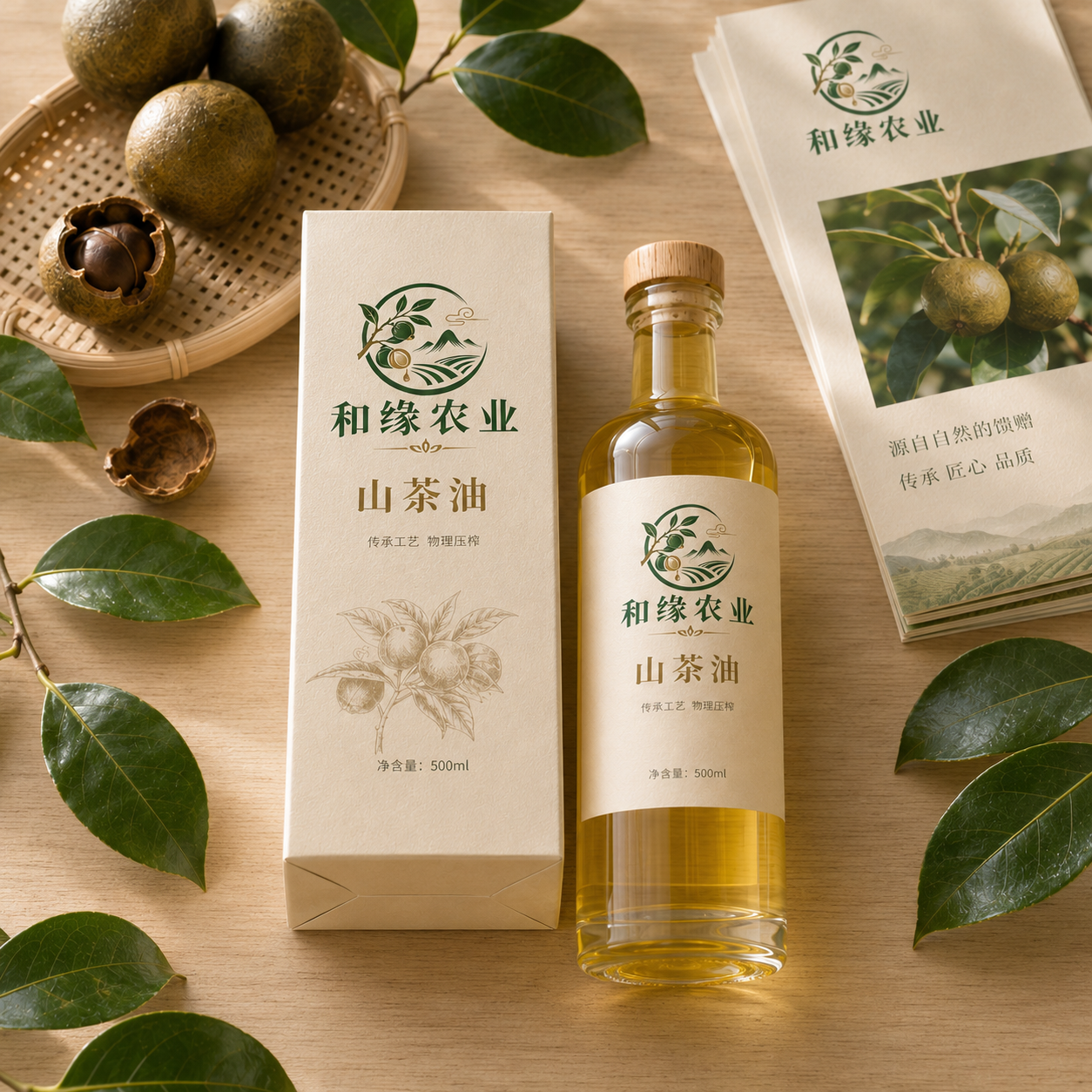 和缘农业山茶油包装、油茶果与山茶叶组合展示
