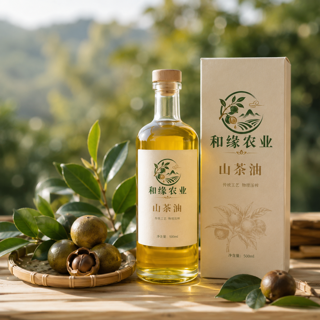和缘农业山茶油瓶装与礼盒包装展示