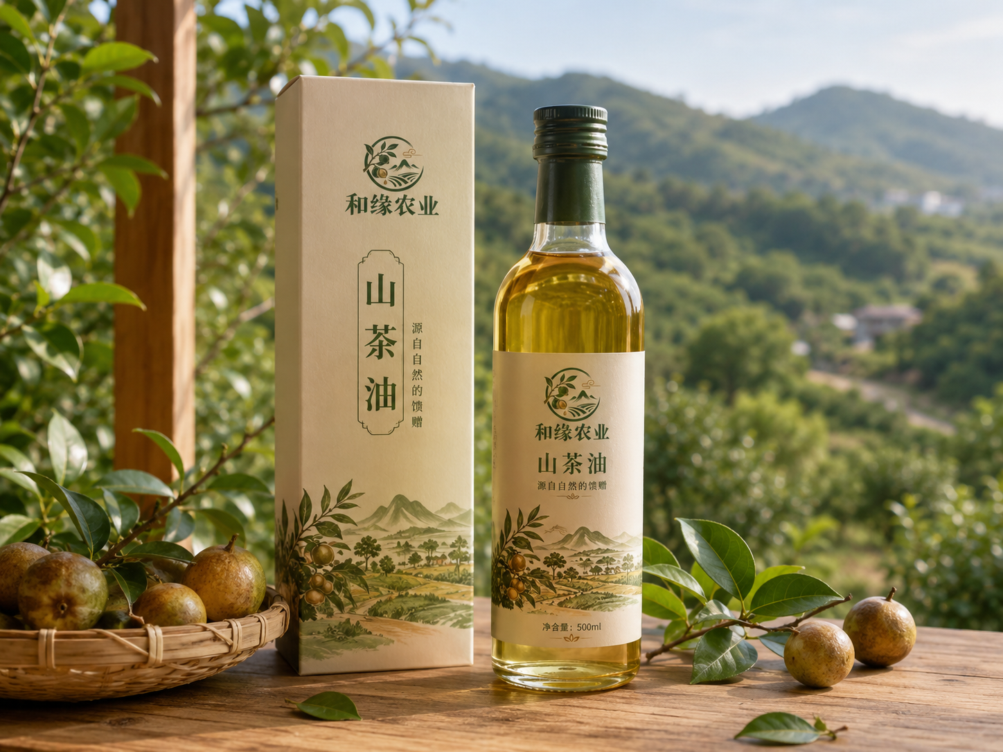 和缘农业山茶油包装、油茶果与山地基地环境组合展示